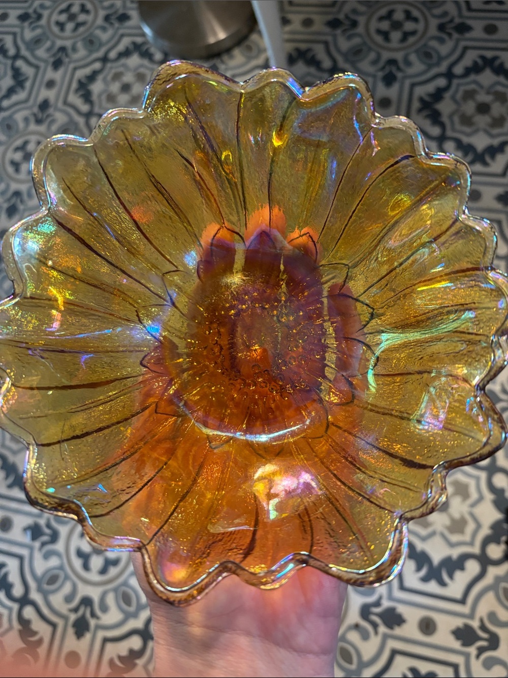 Vintage Indiana Iridescent Amber Carnival Glass Flower Bowl 7”